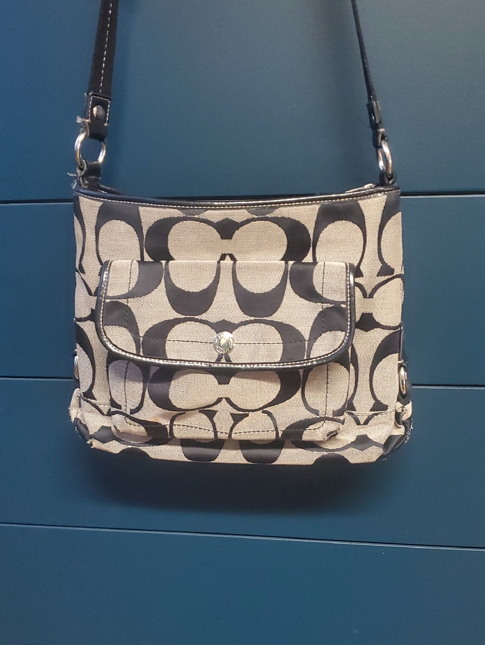 Coach Kyra Black and Ivory Signature Canvas Crossbody